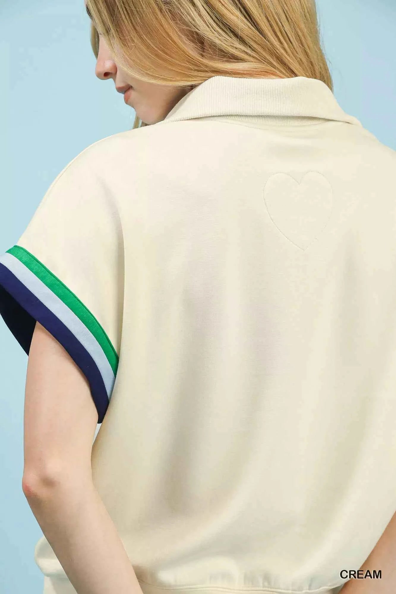 Umgee Blouse Zip Front Casual Top Cream with Contrast Stripe Trim Top f050d332-6287-4d44-8655-d5902c3d7086-Max-Origin Trendsi