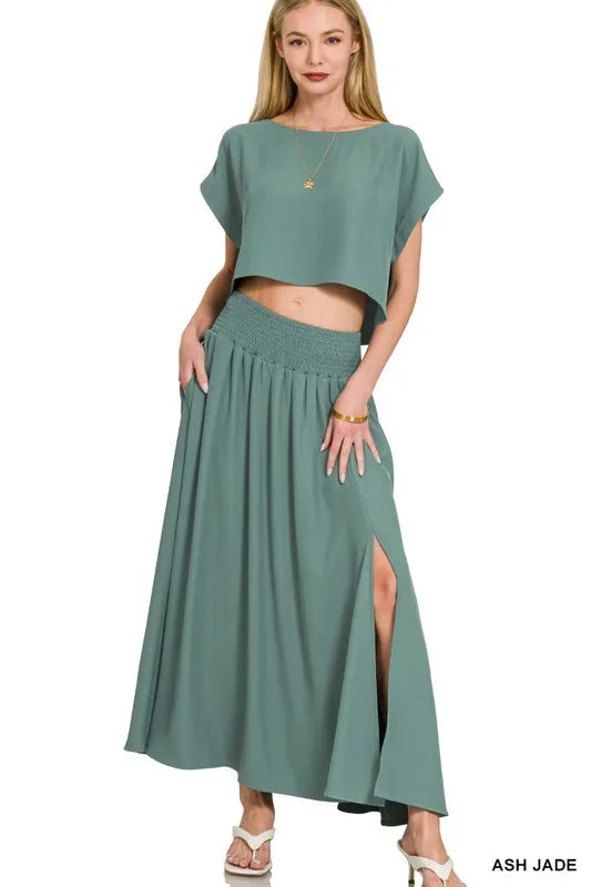 Zenana Crop Tee and Pleated Skirt Set Woven Crinkle Gauze Ash Jade Two-piece f0513328-c423-408f-9645-26a76e6b9eed-Max-Origin Trendsi