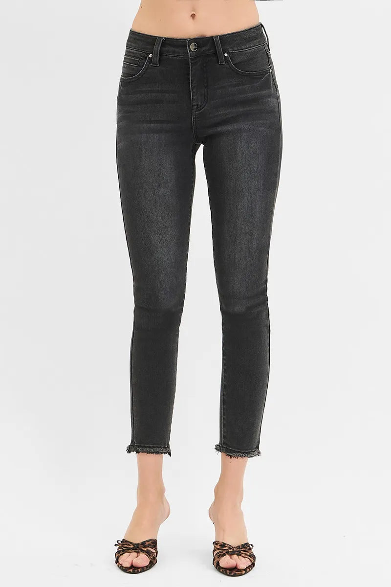 RISEN Crop Skinny Jeans Black Women's Tummy Control Mid Rise Raw Hem