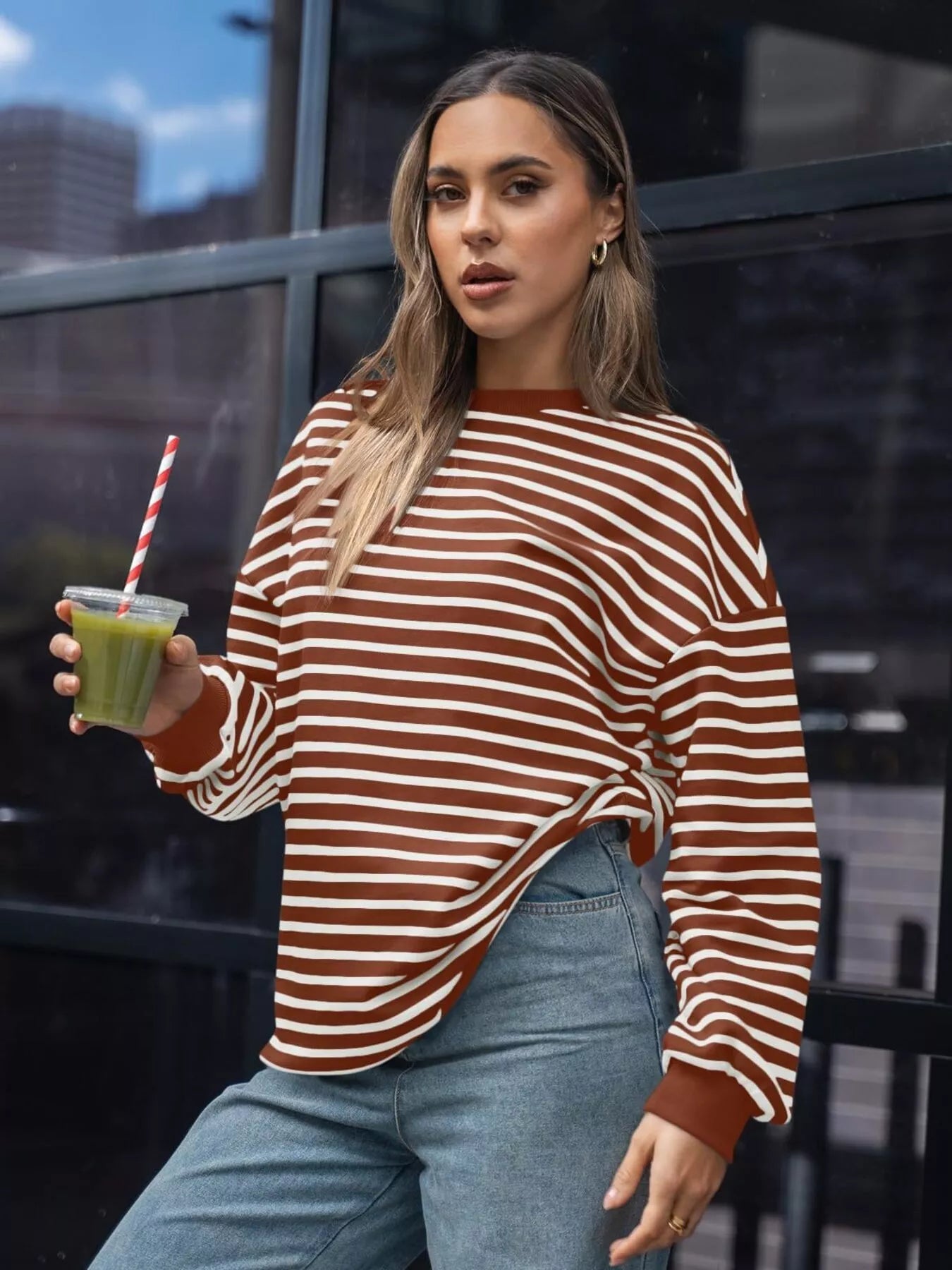 Women's Sweatshirt Striped Round Neck Oversized Casual Pullover Rust Red f055f8f4a2b14bac9b2c65be671eab02-Max-Origin Trendsi