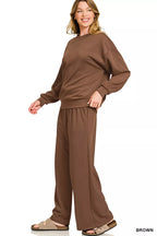 Zenana Outfit Set Brown Scuba Crewneck Pullover and Pants f0588e335c7747dca572d640fa14b118-Max-Origin Trendsi