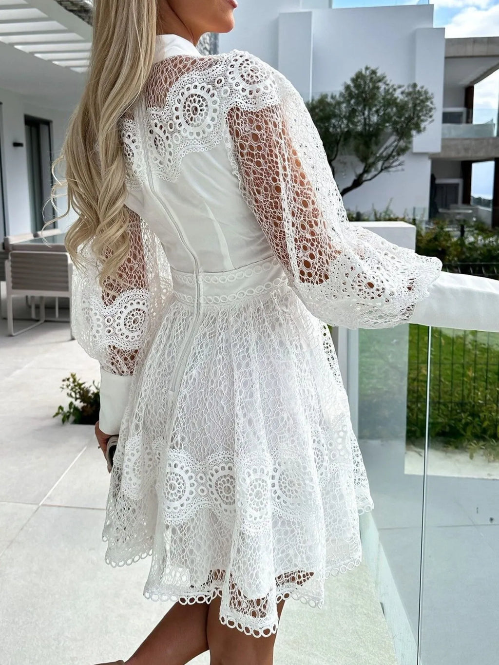 Mini Dress Floral Lace Lantern Long Sleeve Pearl Button High Neck Ruffled f059cd42-aec4-42b3-91ee-0d4cdb631c15-Max-Origin Trendsi