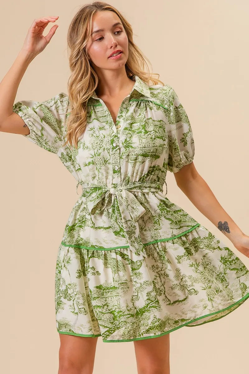 BiBi Mini Shirt Dress Floral Green Printed Tiered Belted Short Sleeve f05df51ac58142f48580108373712a8c-Max-Origin Trendsi