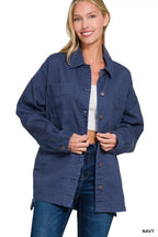 Zenana Womens Shackets Oversized Collared Neck Button Front NAVY f05df835e4ac4dc6a01c053d4bf3f2f0-Max-Origin Trendsi