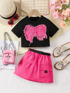 Children's Raw Hem T-Shirt and Skirt Two-Piece Set
