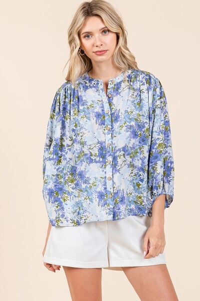 Mittoshop Blouse Blue Floral Print Linen Blend Batwing 3/4 Sleeve Top Blue f07a1374-a83c-4c8f-8132-f89358608eb6-Min Trendsi