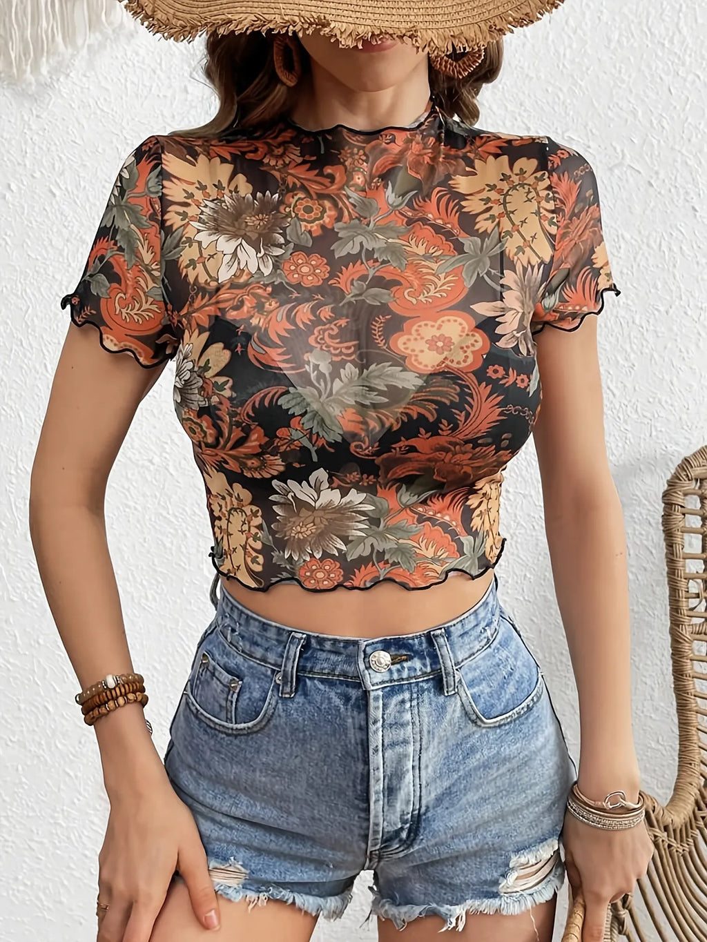 Black Floral Mesh Crop Top with Lettuce Trim Women's Sheer Blouse f08713e27df24109acd79c8bca4e4576-Max-Origin Trendsi
