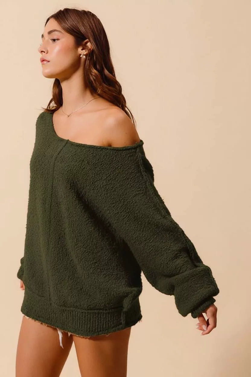 SO ME Womens Sweater Knit olive Loose Fit Exposed Seam Slouchy Boucle f0872646-dfb0-4d6b-9d3f-e6e963e0b884-Max-Origin Trendsi