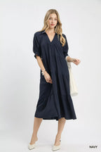 Umgee Midi Dress Ruffled Navy Blue Solid Tiered Short Puff Sleeves f087eba5-6287-4bfd-869f-846f34b607a7-Max-Origin Trendsi