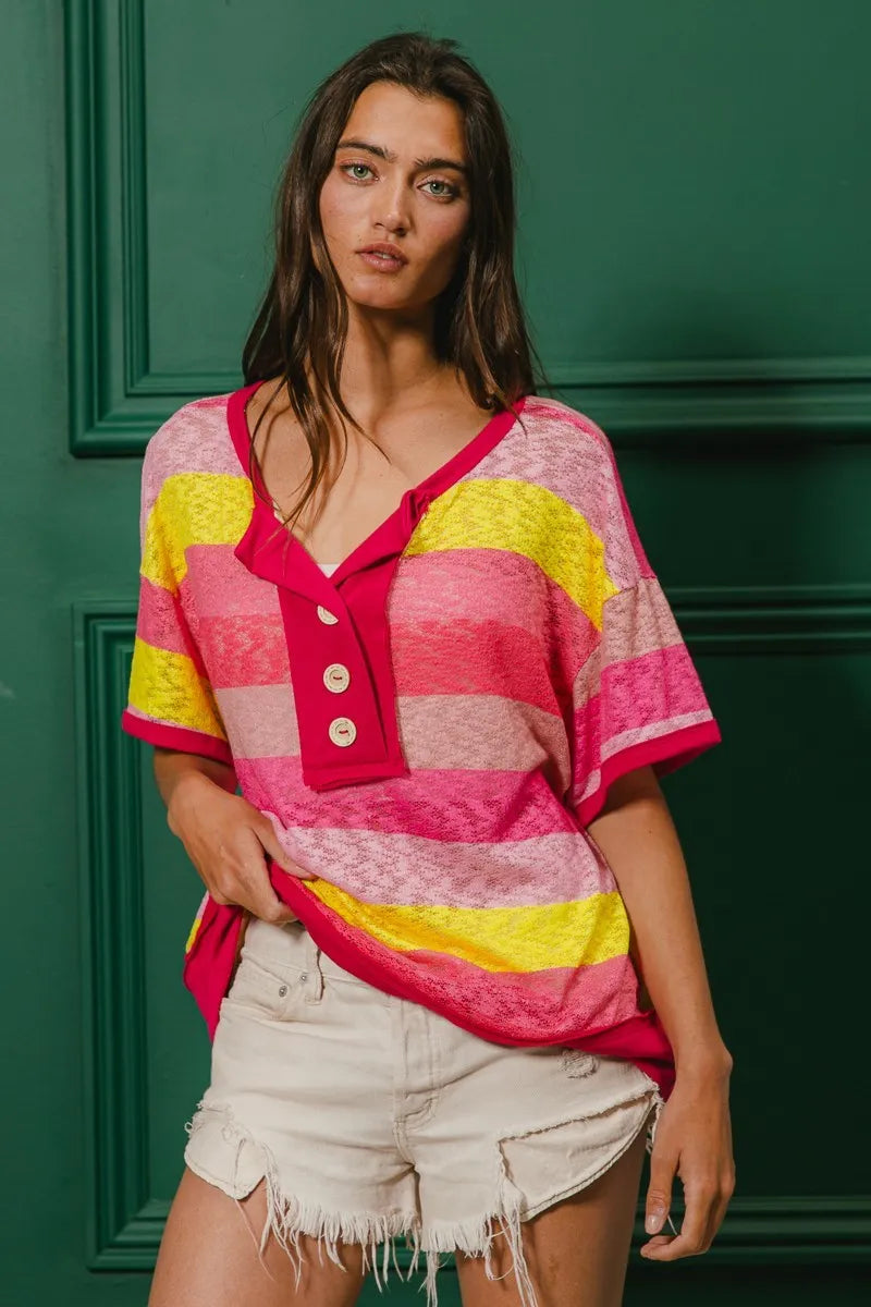 BiBi Multi Color Stripe Top Hacci Button Detail Ringer Short Sleeve T-shirt f08a81ee64664fdcadb21910fe4b1c70-Max-Origin Trendsi