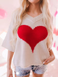 V-Neck Dropped Sleeve Heart Print Valentine's Sweater
