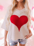 V-Neck Dropped Sleeve Heart Print Valentine's Sweater