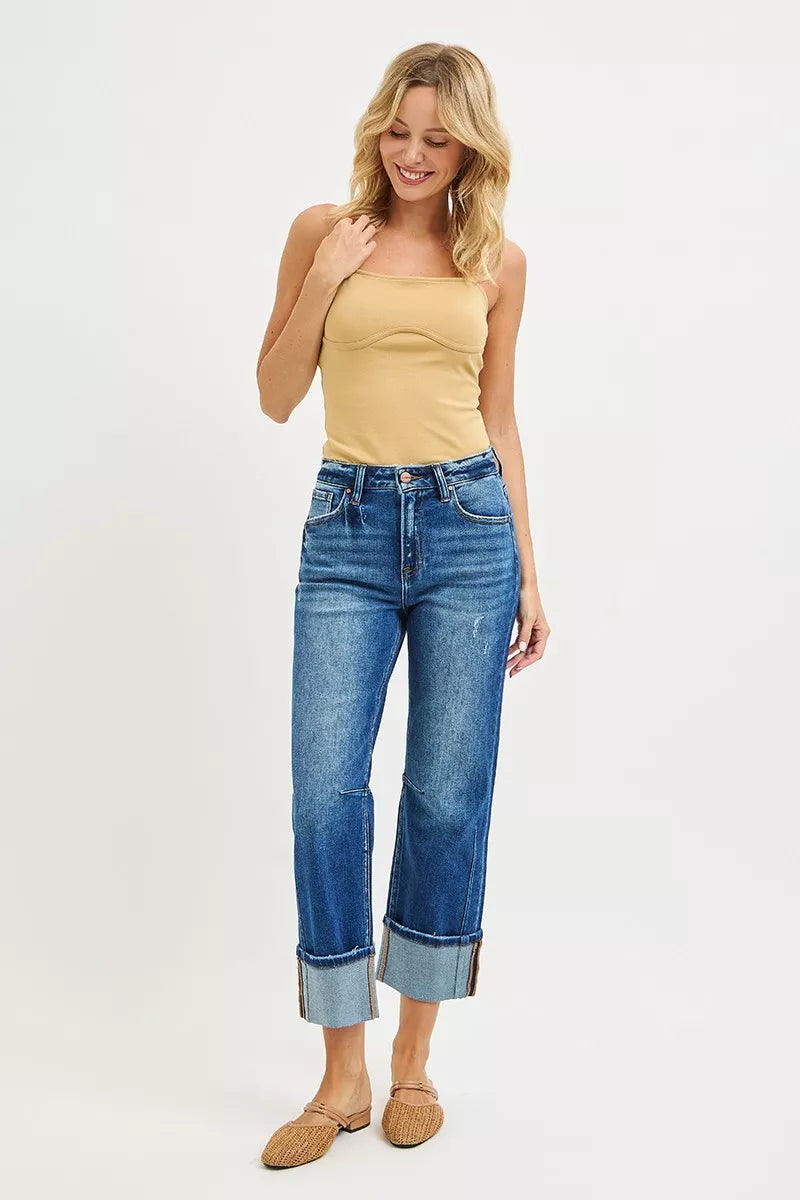 RISEN Womens Straight Jeans Cuffed High Rise Denim with Distressed Hem f098008840f94cf7852f80de85c07dbc-Max-Origin Trendsi