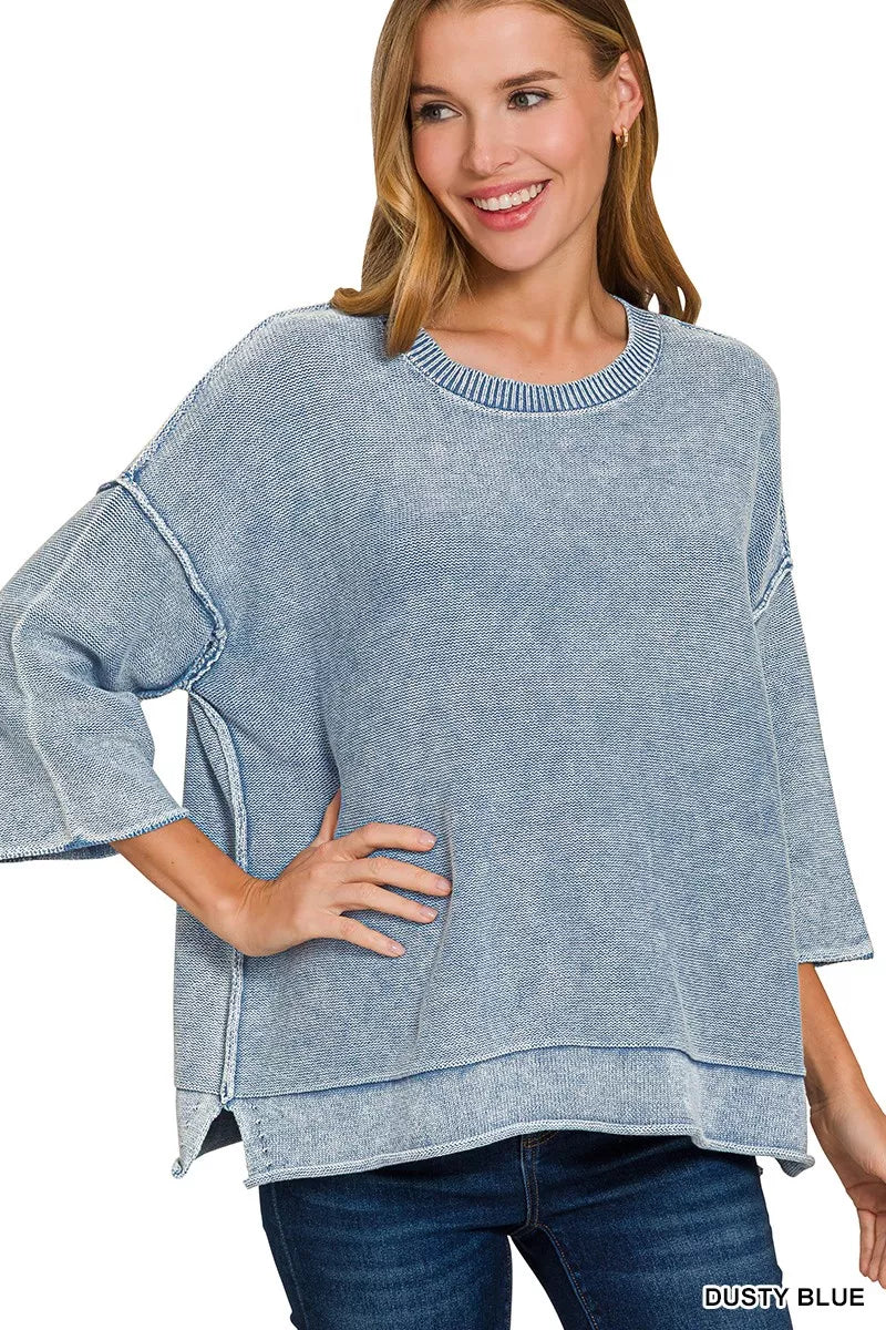 Zenana Boxy Sweater Denim Blue Washed 3/4 Sleeve Cotton Top f09bbc5f67014118a73bda5e4b0e6111-Max-Origin Trendsi