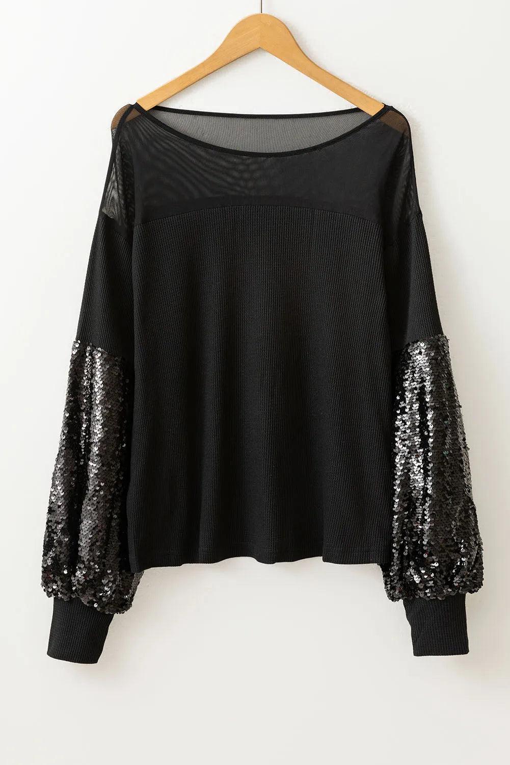Sequin Blouse Black Boat Neck Long Sleeve Semi-sheer Top f09bf43c-aa75-4bd4-ad6a-937b70d8aa3a-Max Trendsi