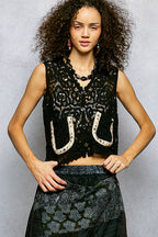 POL Button-Down Cropped Crochet Vest with Scalloped Edge