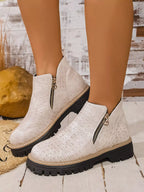 Women's Ankle Boots Pu Leather Textured Side Zip Round Toe Low Heels Shoes f0a75523-38bc-4eca-877d-2fd481493948-Max-Origin Trendsi