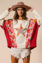 BiBi Sweatshirt Floral Print Mixed Star Patch Round Neck Top f0aaf4d9e7ac4cd28c52a8ac1b27f114-Max-Origin Trendsi