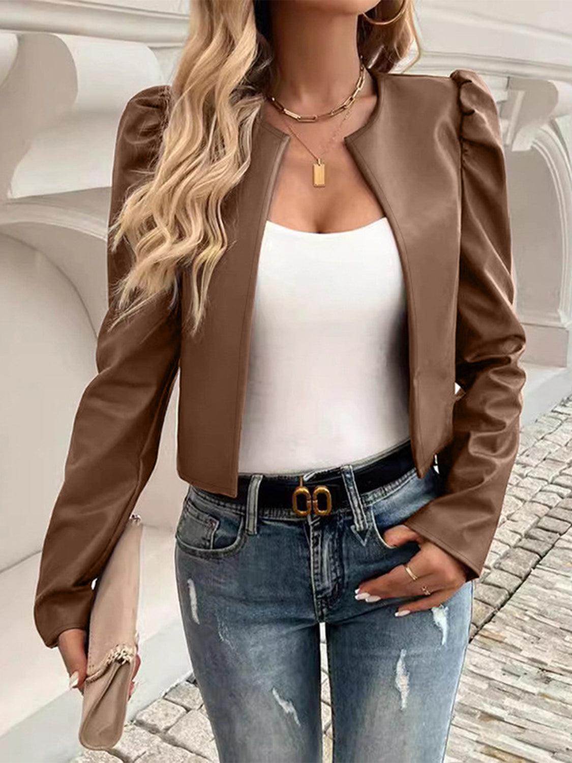 PU Leather Cropped Jacket Open Front Puff Long Sleeve Outwear Caramel f0ab2cf9-f7f7-4127-809d-0139c3f6e04b-Max Trendsi