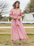 Plus Size Plaid Off-Shoulder Midi Dress with Short Sleeves