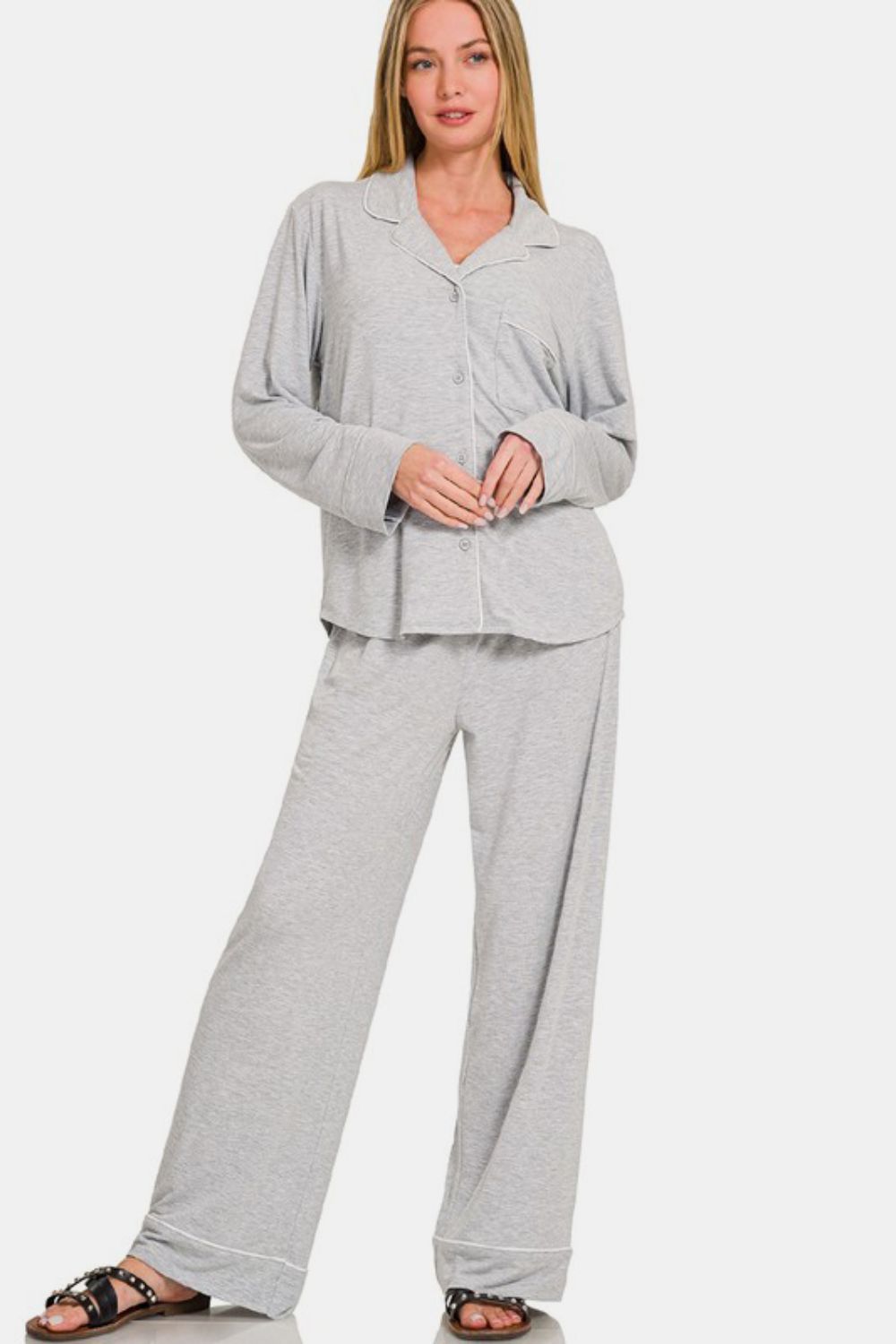 Zenana Lounge Set - 2 Pieces Light Gray Button Down Long Sleeve