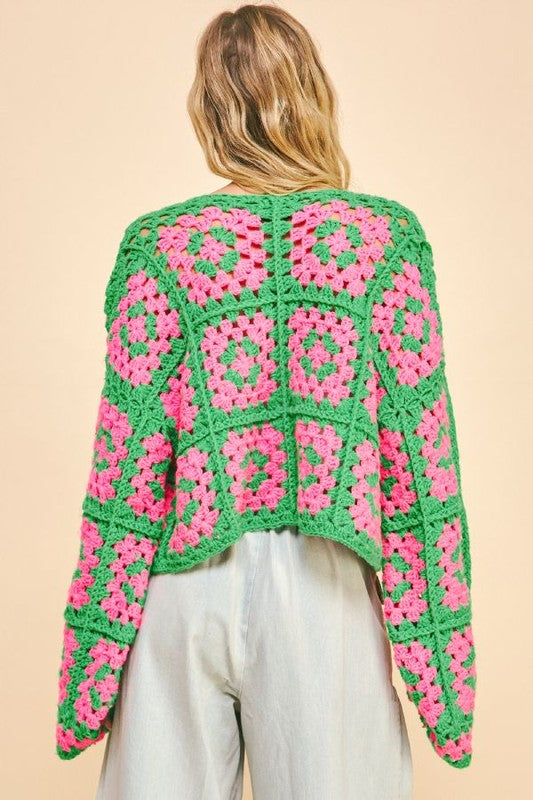 Davi & Dani USA Cardigan Floral Two-Tone Pink Green Flower Square Crochet Knit