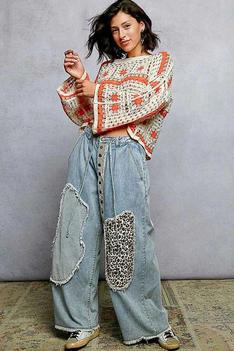 POL Crochet Top Ivory Orange Long Sleeve with Granny Square Weaving f0cfdcfc-0c0b-49dd-855b-fbe0c274b92c-Max-Origin Trendsi