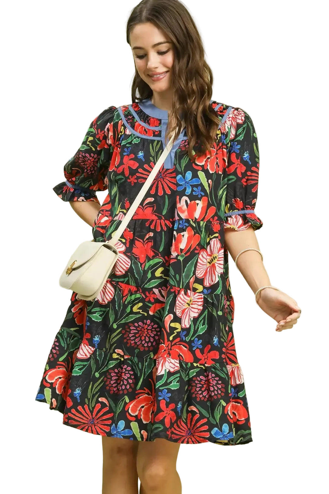 Umgee Floral Tiered Dress with Puff Sleeves and Ruffle Cuffs
