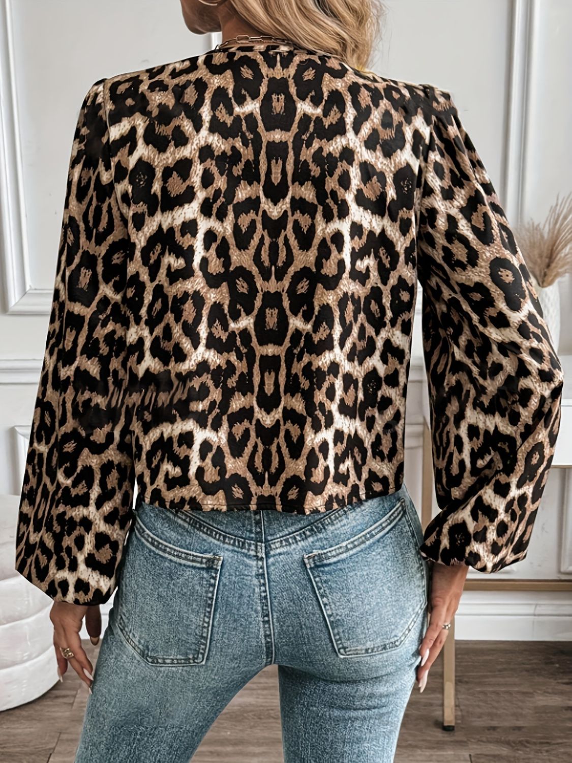 Leopard Women Blouse Bow Tied Front Round Neck Long Sleeve Top