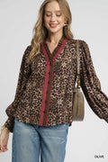 Umgee Women's Shirt Leopard Print Ruffle Trim Buttoned Long Sleeve Top Olive f0e57e90-050f-4fff-9226-0671acea111d-Max-Origin Trendsi