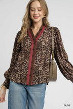 Umgee Women's Shirt Leopard Print Ruffle Trim Buttoned Long Sleeve Top Olive f0e57e90-050f-4fff-9226-0671acea111d-Max-Origin Trendsi