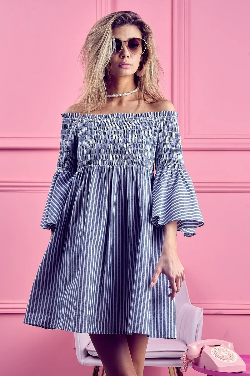 BiBi Short Dress Off Shoulder Denim Blue Striped Smocked Ruffled f0f01da57aed42e79246093dbd321054-Max-Origin Trendsi
