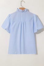 Women's Shirt Striped Ruffle Short Bubble Sleeve Mock Neck f0f06072-362a-473f-9ca5-06ca8461beca-Max-Origin Trendsi
