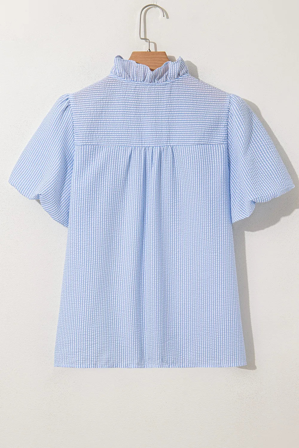 Women's Shirt Striped Ruffle Short Bubble Sleeve Mock Neck f0f06072-362a-473f-9ca5-06ca8461beca-Max-Origin Trendsi