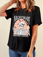 Halloween Skull Women's T-shirt Black Checkerboard Graphic Round Neck Tee Black f0f228da8cde4110b30f96c7954c0b65-Max-Origin Trendsi