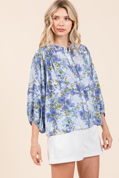 Mittoshop Blouse Blue Floral Print Linen Blend Batwing 3/4 Sleeve Top f0f285d8-2b29-4dba-90a3-47d5db25a4c0-Min Trendsi