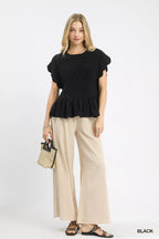 Umgee Womens Blouse Blac Linen Blend Smocked Peplum Short Sleev Top f0f373a2-d336-4e7c-afd2-f103ea994346-Max-Origin Trendsi