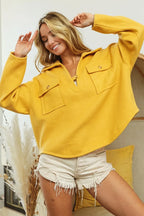 BiBi Sweatshirt Mustard Cotton Blend Fleece Collared with Flap Pockets Top f0fa41a93d45409486b6dcdbc6fbeebd-Max-Origin Trendsi