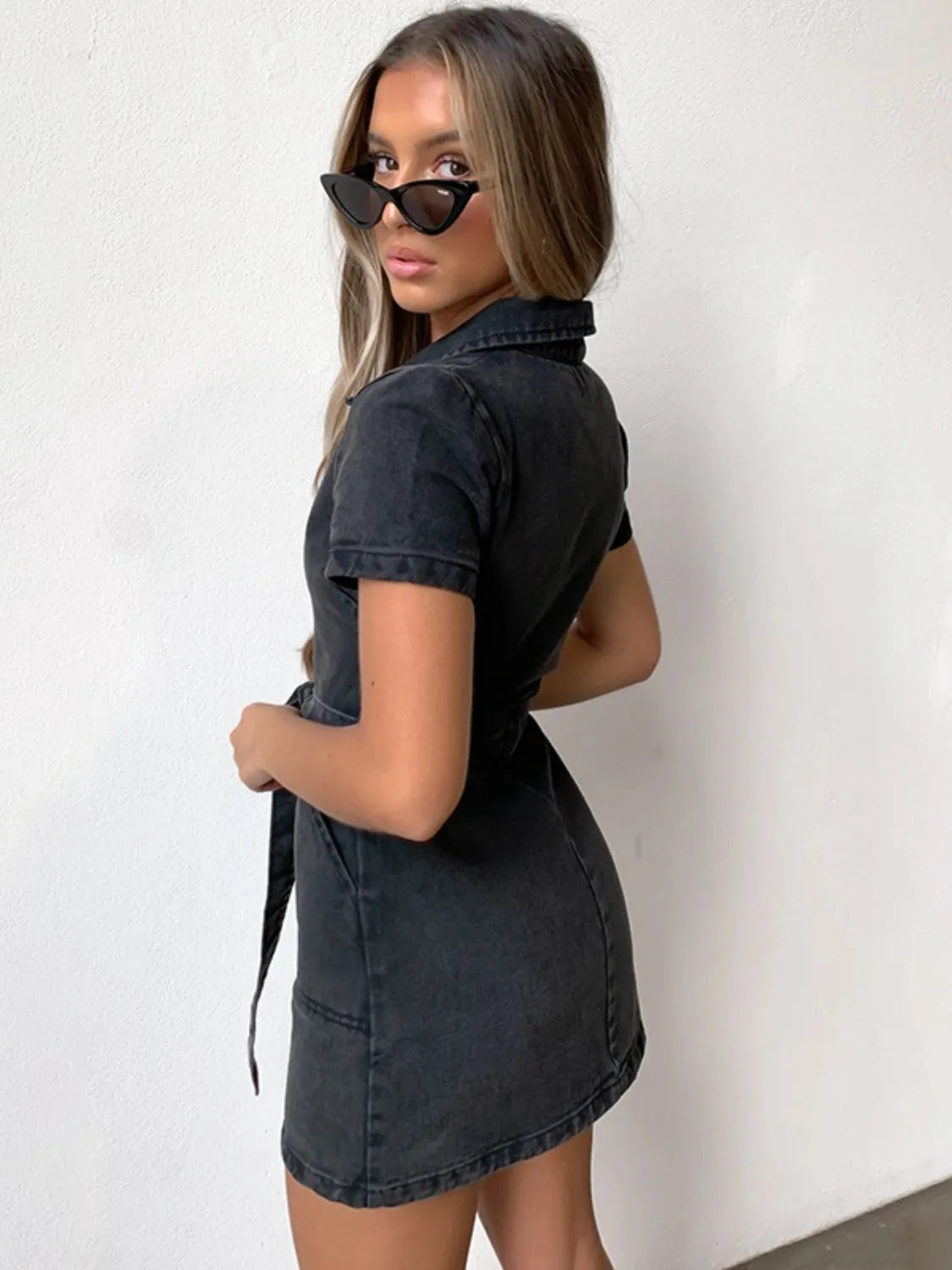 Denim Mini Dress Zip Front Short Sleeve Collared Belted with Pockets f103929e-7138-4612-a999-9fb8d9db5789-Max-Origin Trendsi