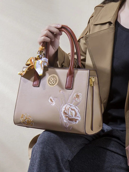 Floral Embroidered Top Handle Handbag