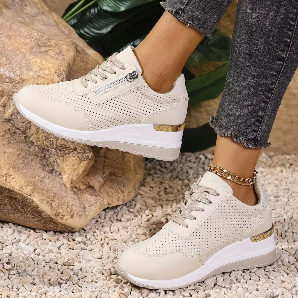 Women Sneakers Lace Up Wedge Mid Heels Pu Leather Shoes Beige f10cb236-c43e-42a5-8853-be5fa422aa28-Max-Origin Trendsi