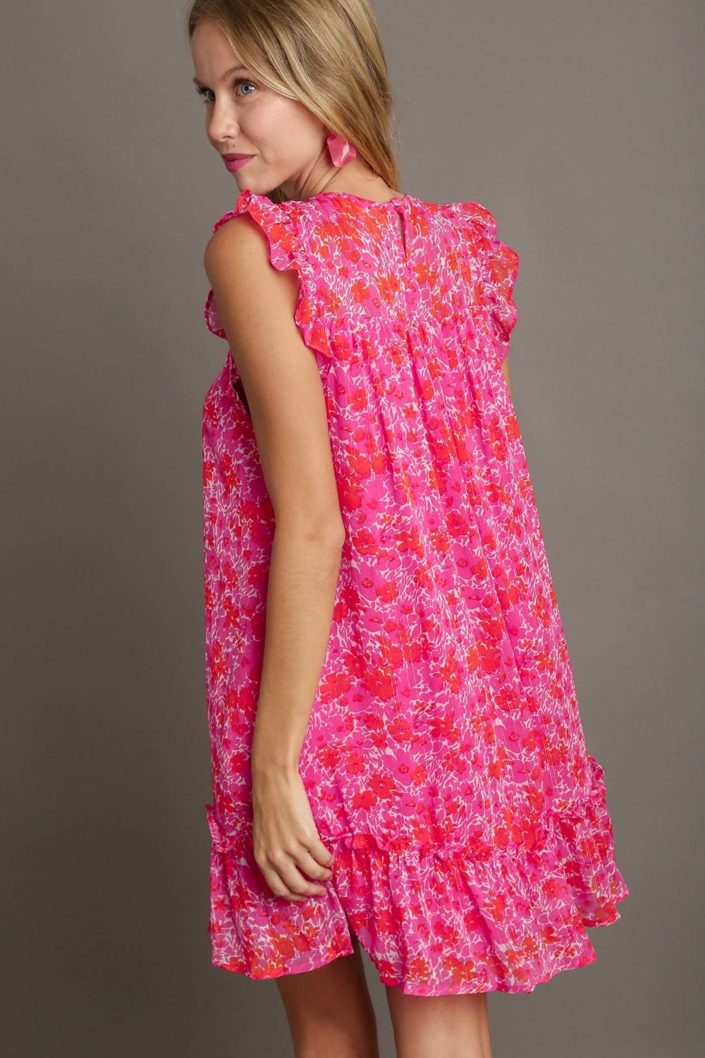 Umgee Ruffle Dress Smocked Hot Pink Floral Metallic Print Short Sleeve S-2XL f110fa87-9e67-4473-bd9d-ea2bc0ce9bf2-Max Trendsi