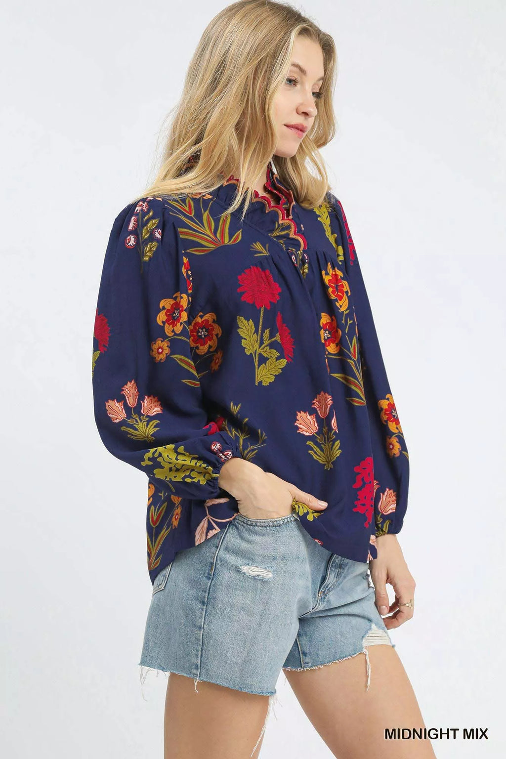 Umgee Womens Blouse Ruffled Midnight Flower Print with Scalloped Neckline Top f1145850-2ec3-4873-8042-522e742ce693-Max-Origin Trendsi