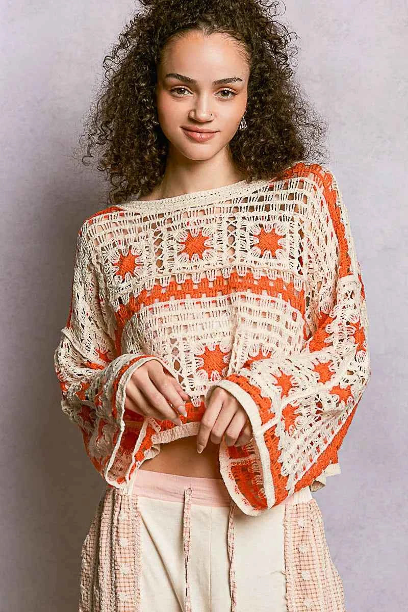 POL Crochet Top Ivory Orange Long Sleeve with Granny Square Weaving f1183bfb-eb3e-4416-a3e3-92530f535407-Max-Origin Trendsi