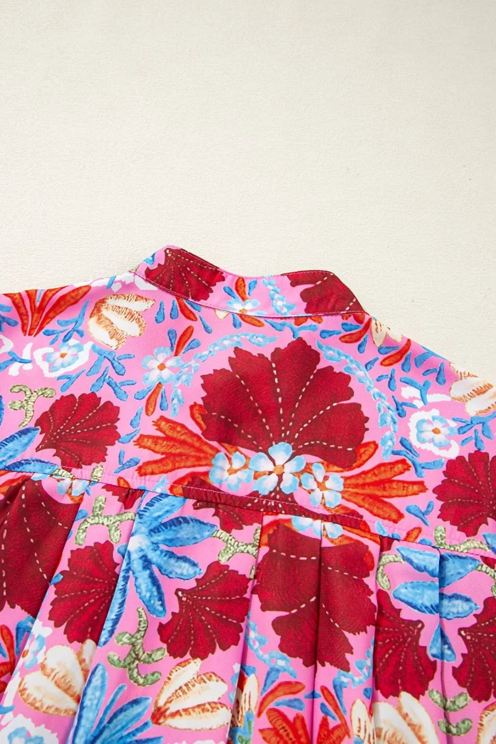 Floral Women's Blouse Pleated Colorful Red Buttoned Puff Short Sleeve f11ab7a6-1653-45f0-9b40-b9a27b6e5255-Max-Origin Trendsi