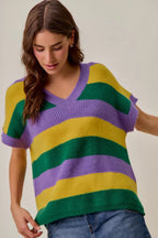 SO ME Women Sweater Purple Mix Mardi Gras Loose Fit V Neck Stripe Top f11bbcf4f72f49668c03f126f67b7d3e-Max-Origin Trendsi