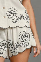 Umgee Linen Blend Shorts with Floral Embroidered Details Oatmeal f120cae1-ec89-4331-9de0-954d53011f98-Max Trendsi