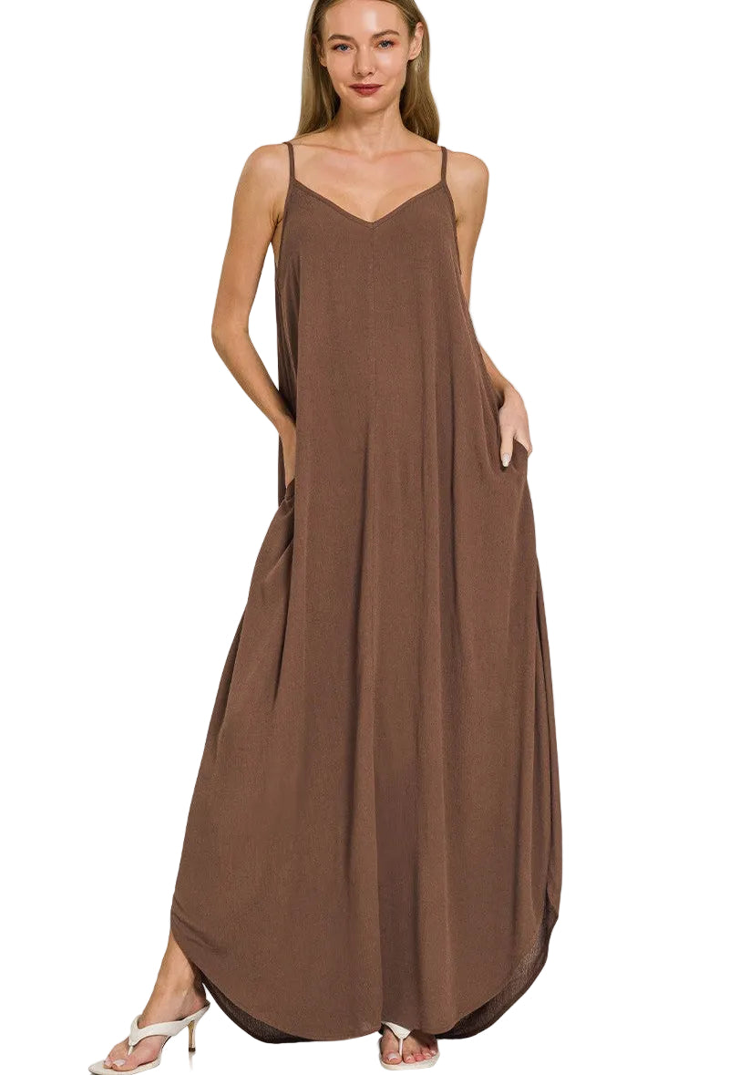 Zenana Woven Crinkle Cami Maxi Dress with Side Pockets