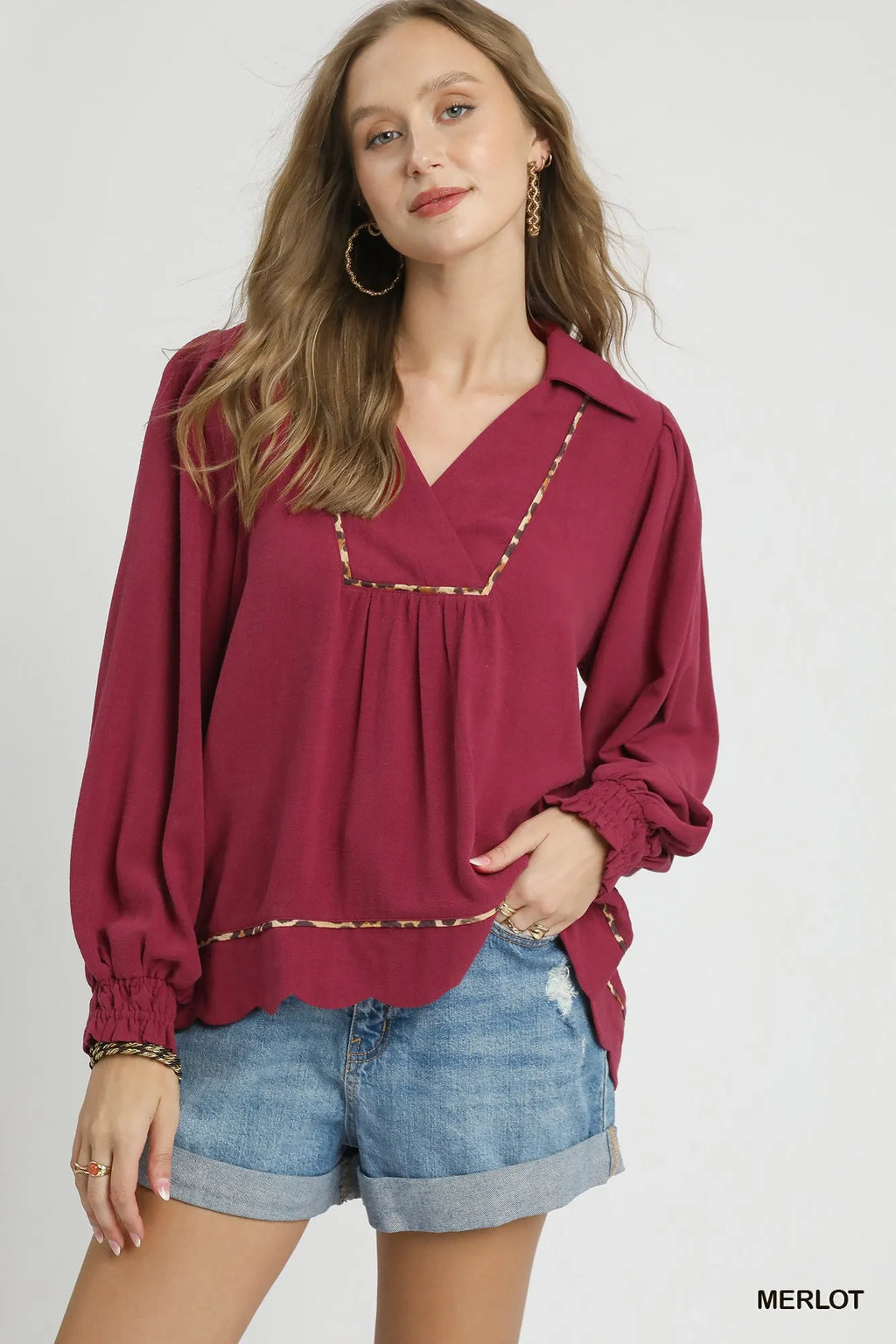 Umgee Linen Blouse Scallop Hem with Contrast Trim Plus Sizes Top MERLOT f128c02c-c518-493a-a8c6-2643085649ff-Max-Origin Trendsi