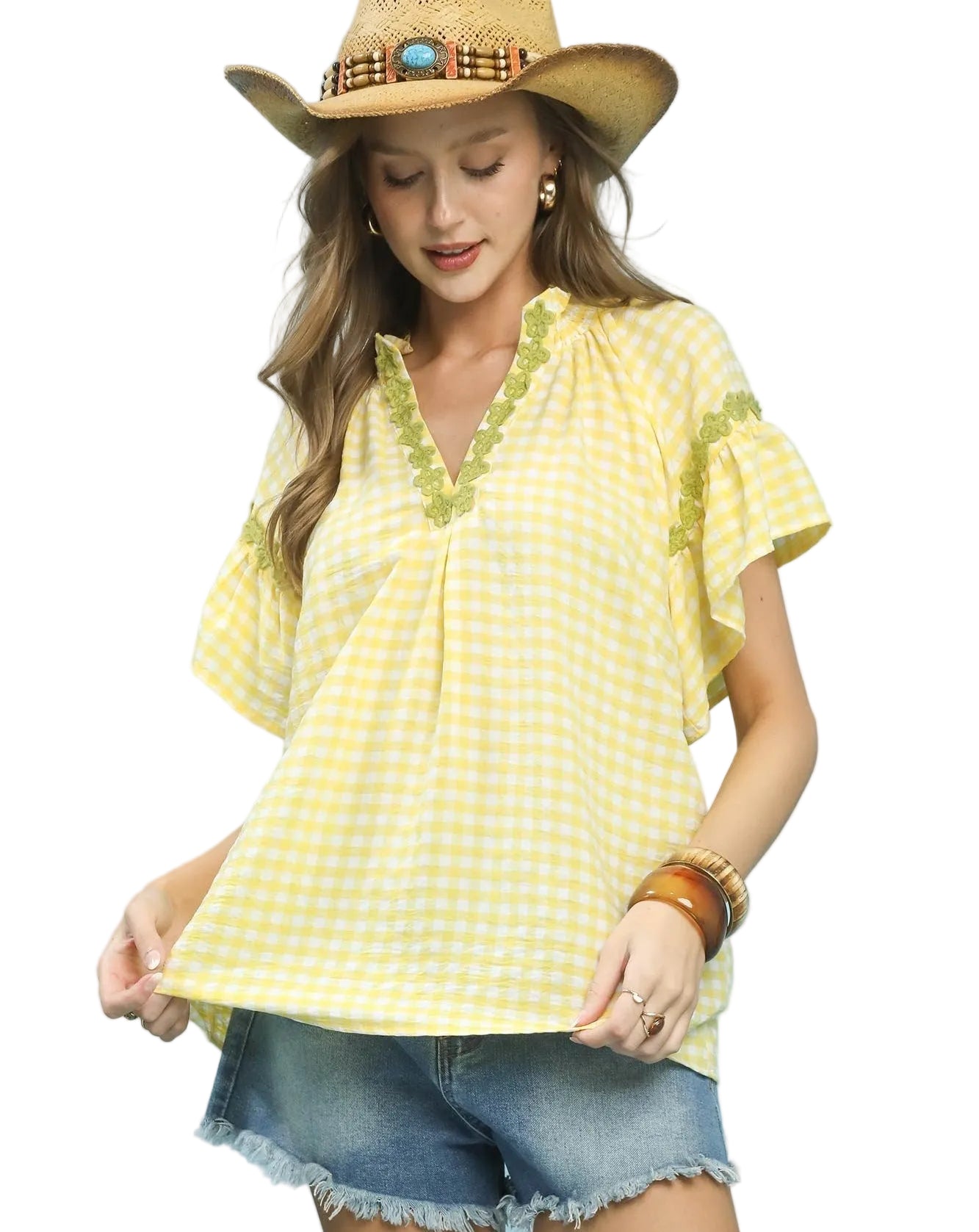 Umgee Women's Blouse Lemon Gingham Lace Trim Short Sleeve Casual Top
